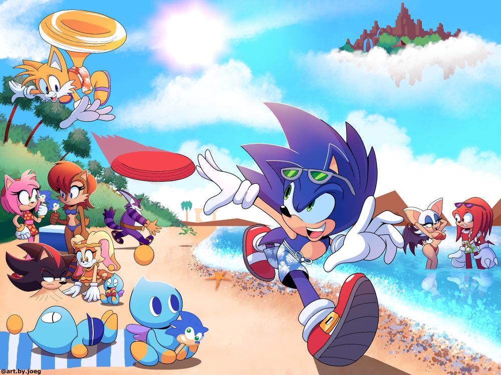 Art piece shows off Sonic and friends spending time at the beach, it shows Sonic reaching his hand out for a frisbee thrown by Tails flying in the air with some chao on the left, one holding a Sonic popsicle, and one tanning on a beach towel, Cream the Rabbit and Cheese the chao are burying Shadow in the sand, Amy and Sally each have a Sonic popcicle, and on the right shows Knuckles being flustered by Rouge in a sexy pose while wearing a bikini, and Big the Cat is in the background chasing Froggy on the beach
