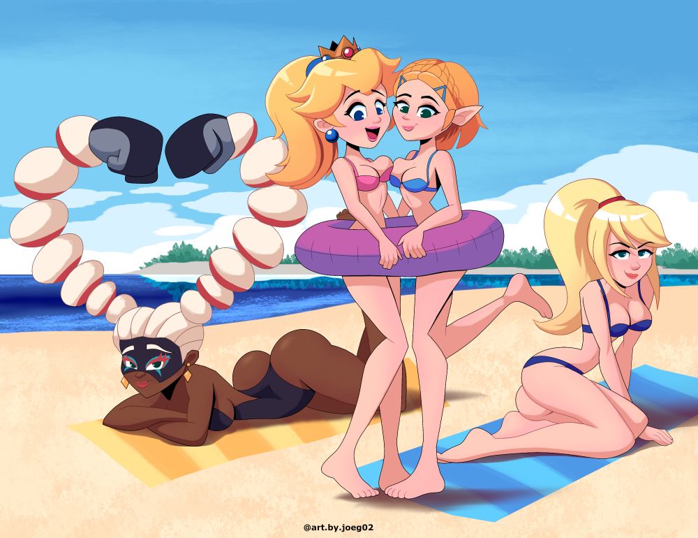 An art piece of some Nintendo girls at the beach featuring Princess Peach, Zelda, Samus Aran, and Twintelle in swimsuits