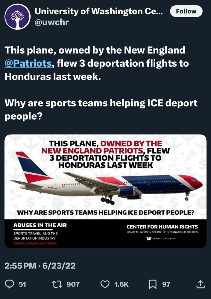 A screen shot of a Twitter post with the image of an airplane talking about how the new England patriots plane is being used to help ice deport people 