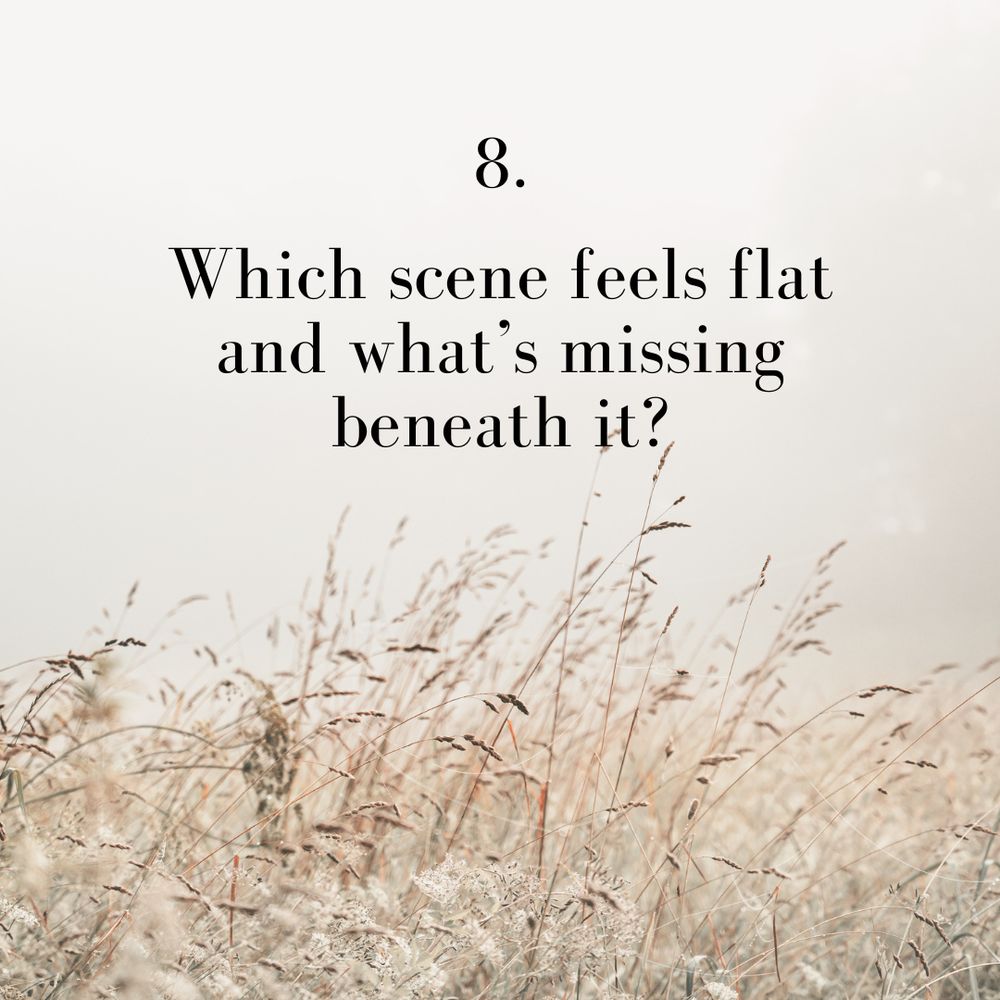 Beige meadow with the text: 8. Which scene feels flat and what's missing beneath it?