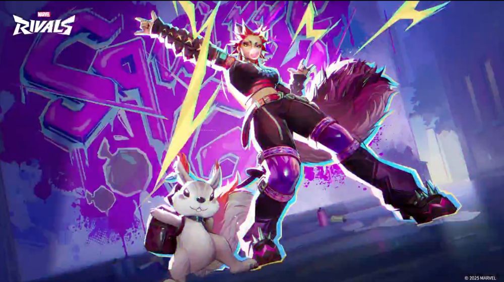 Squirrel Girl in a punk outfit, blowing bubble gum, with Tippy-Toe beside her. Neon graffiti and lightning bolts add to the rebellious vibe.