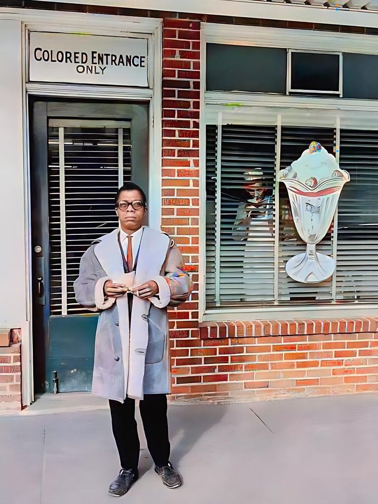 James Baldwin stands in front of an ice cream shop in Durham, North Carolina in 1963. The words Colored Entrance Only are above the doorway. A white employee peeks through the blinds at Baldwin and the photographer. 