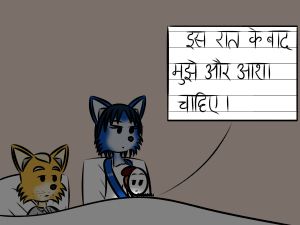 Jamie writes "After this night, I need more hope" (in Hindi) in a notebook, with a small book lamp to help him see, with Krystal and Fox observing just before sleep.