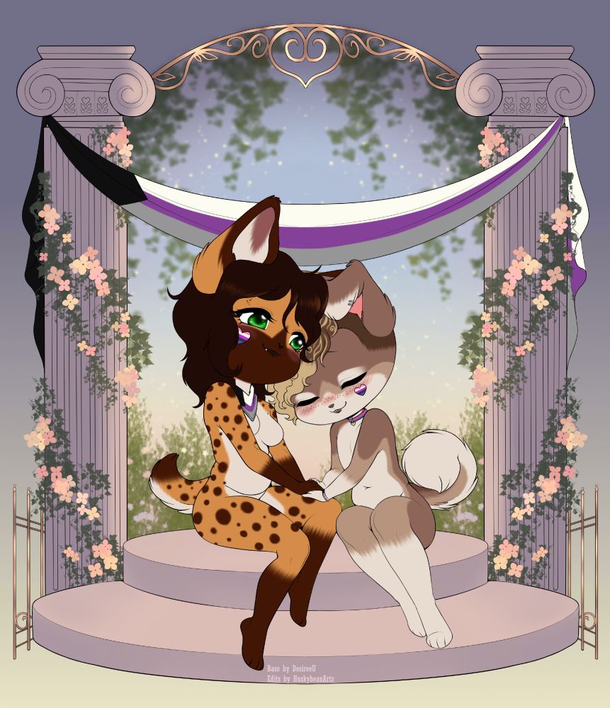 A tan and brown spotted hyena sitting with a brown and cream labsky dog on a stage together, snugglng while holding hands. Above them is a banner featuring the demisexual flag held by two pillars, and they are each decorated in their individual pride flags. 
This variant features the hyena depicted as fem presenting, and the dog as masc presenting.