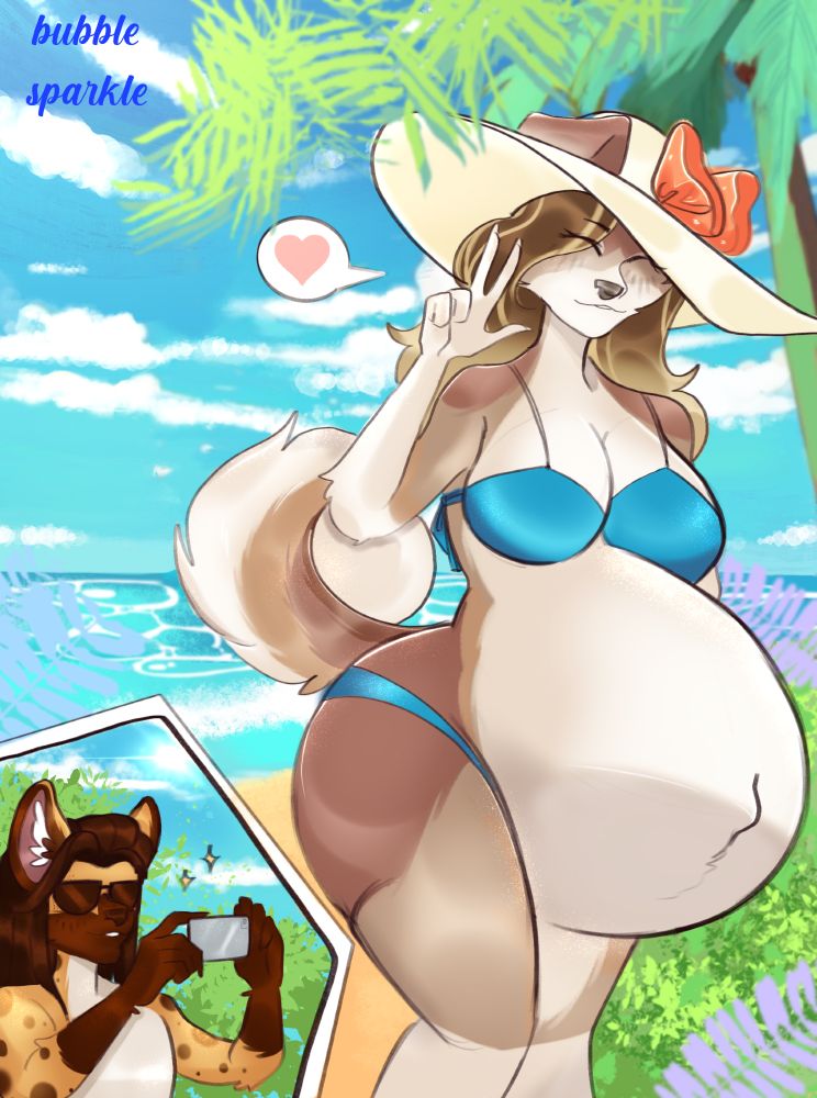 A digital piece drawn by bubblesparkle of a pregnant brown and cream labsky dog and her tan and brown spotted hyena partner. Koi is posing in a blue bikini and sunhat in front of the beach, while Donovan is shown in a corner panel wearing sunglasses and taking a picture on his phone.