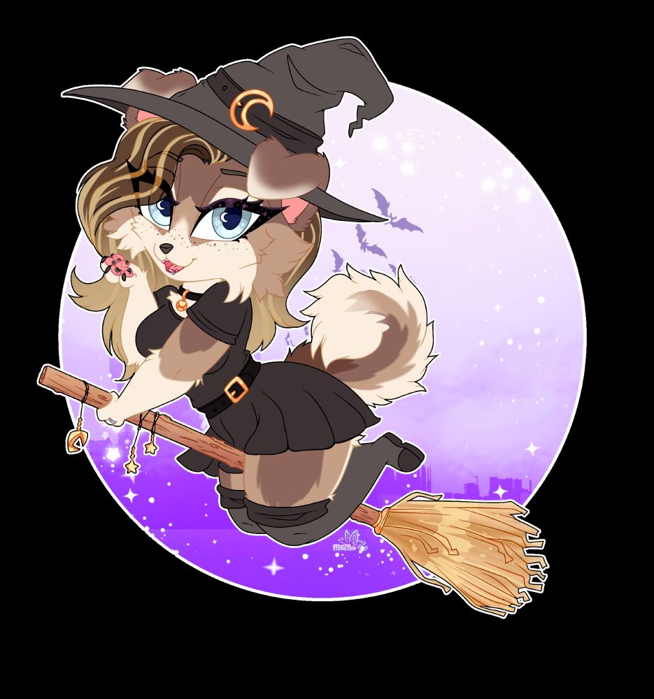 A chibi drawn by Mothmew of Koi, a brown and cream labsky dog, dressed as a witch. She is looking at the viewer, beckoning them to join her, while riding on a broom in front of a starry lavender sky.