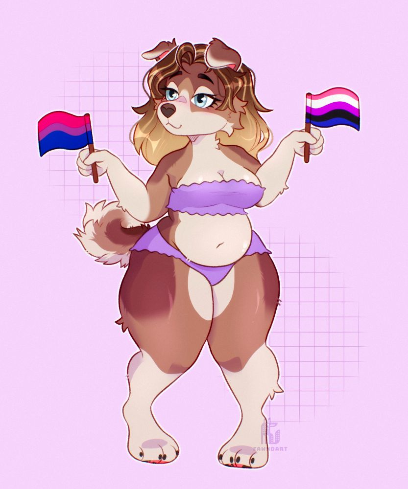 A digital piece drawn by Fawndart of a brown and cream labsky dog celebrating Pride. She is sporting a lavender two piece while holding the bisexual flag in one hand, and the genderfluid flag in the other.