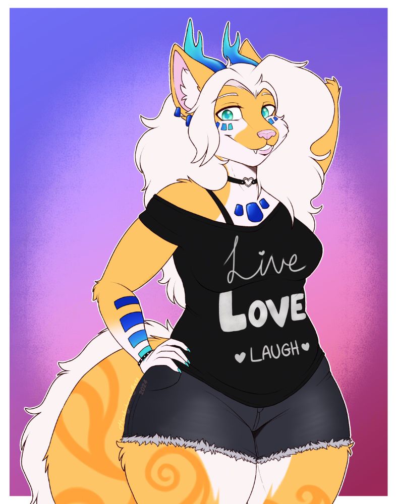 A thigh-up colored sketch of a chubby orange and white fox dragon posing for the viewer with one hand on her hip and the other failing to brush her mass of hair back. She is adorned with blue gradiented gems and scales that match her horns, and she is wearing her friends outfit consisting of distressed dark denim shorts, a black cold shoulder "Live, Laugh, Love" tshirt, and a black heart choker.