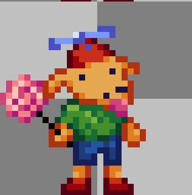 A 32x32 image of a silly anthropomorphic dog with a propeller hat, a green shirt, blue shorts, and red shoes. He is enjoying a lollipop because he is a good boy.