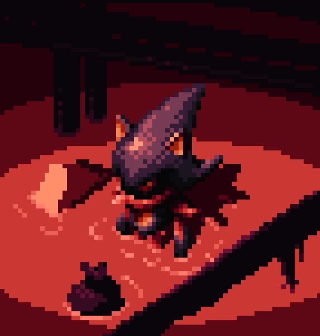 Pixel art of Metal Sonic left in a red lit room filled with water and junk.
