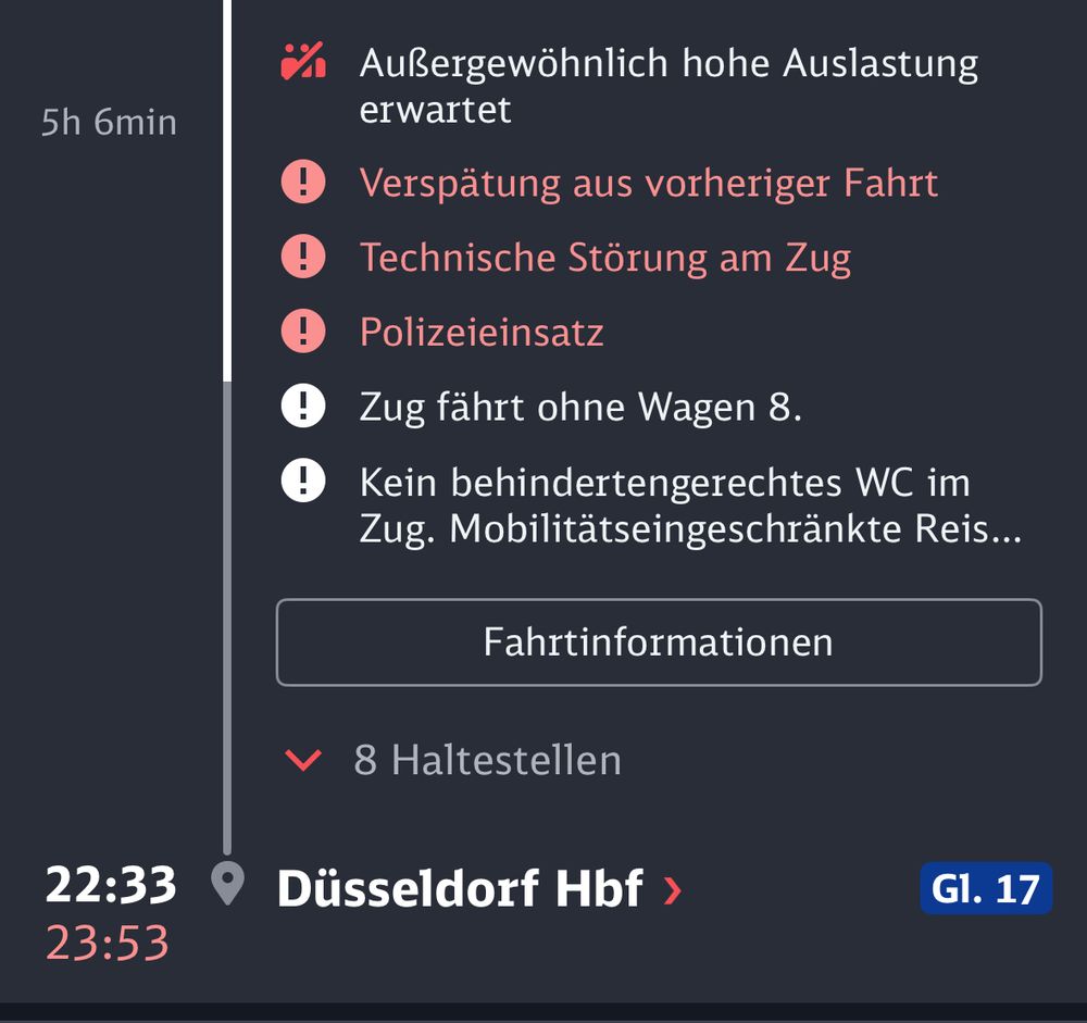 A screen shot form the German train app, final destination is Düsseldorf with 1,5h delay. Multiple reasons/issues for the delay are given: late due to delay from before, technical difficulties with train, incidence with needed police, train operation without segment 8 and missing Barriere free toilet. Also exceptionally high demand is communicated. 