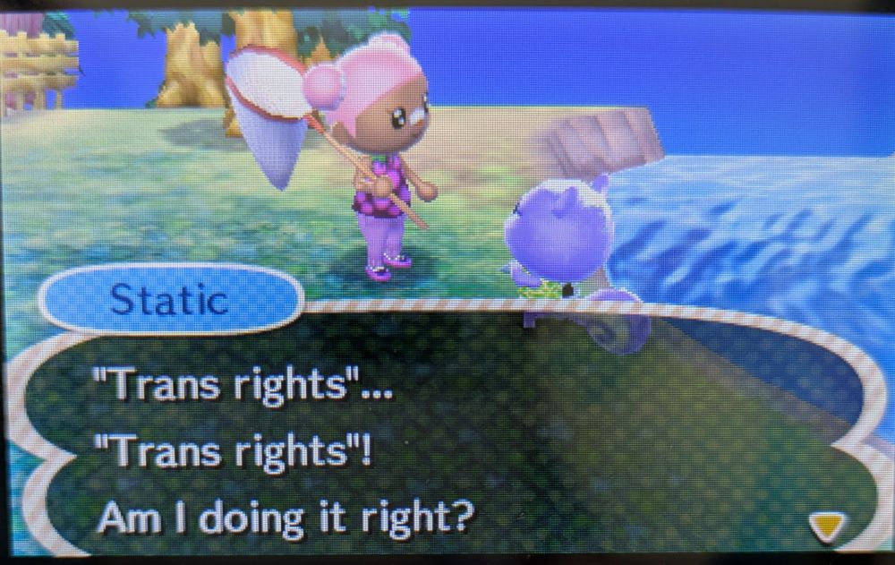 A screenshot from Animal Crossing: New Leaf, showing the purple squirrel villager Static saying "Trans rights... Trans rights! Am I doing it right?"