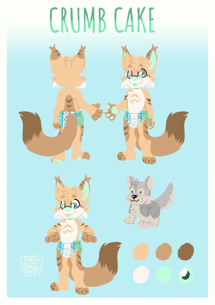 A character reference sheet for Crumbcake the fox-thing. He has a base color of light orange brown fur, with darker patches on his ear tips, knees, toes, fingers, and tail. The tip of his tail is brown, and there are downward facing brown chevrons on his ears, back, knees, cheeks, and triceps. His chest and face are a light cream color, with a pair of upwards facing orange brown chevrons on his chest. His eyes, pawpads, tongue, and ear-insides are light green.

He is wearing a little pawz diaper.
