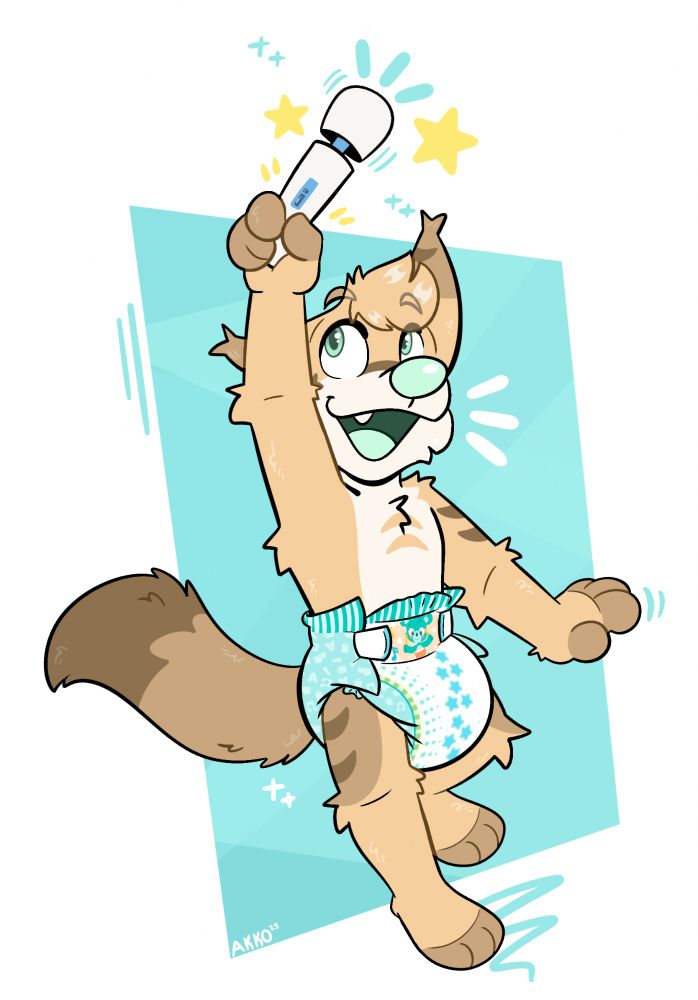 Crumbcake wearing a poofy TryAgains diaper and holding a Hitachi magic wand above his head with an excited expression.