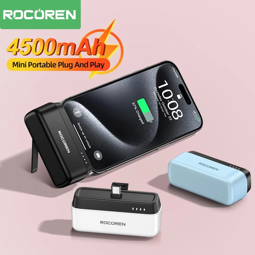 Rocoren 4500mAh Portable Power Bank Mini Charger With USB-C Connector Stand Powerbank For iPhone 15 Pro Samsung External Battery