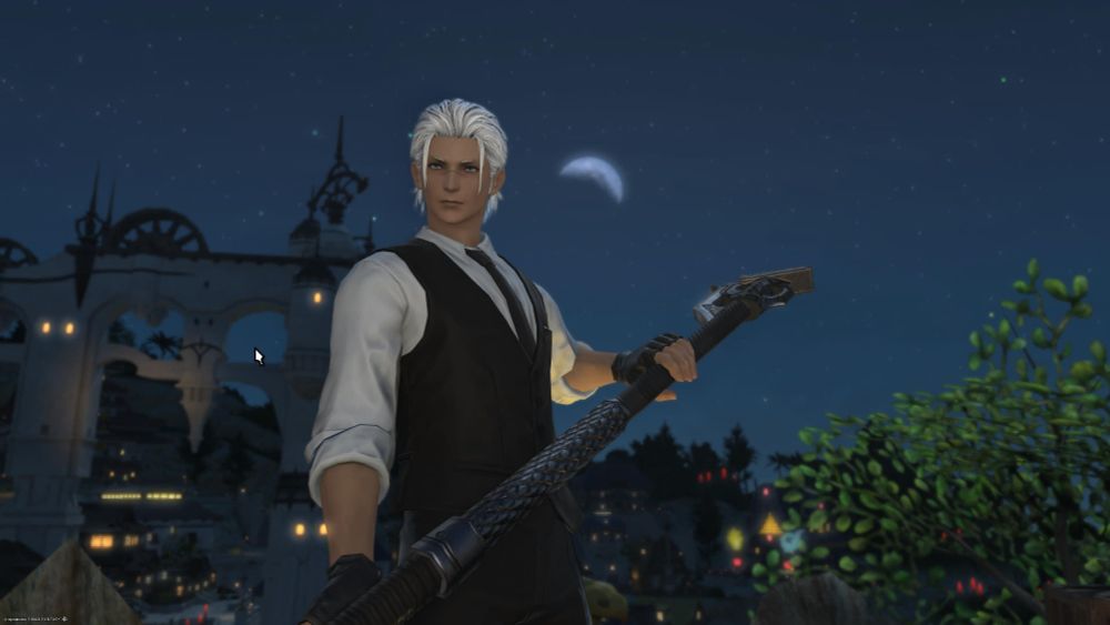 Cayde Jaeger (Male Hyur) holding a scythe while standing under a crescent moon