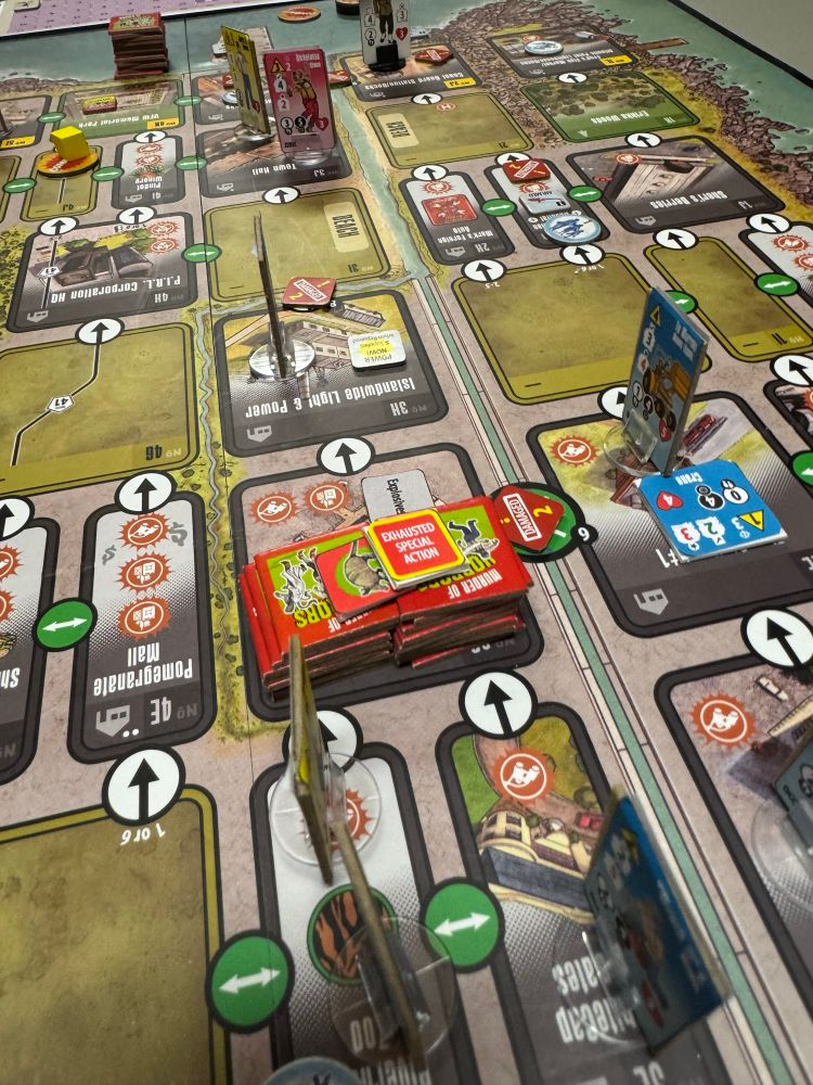 The Plum Island Horror, featuring a few player standees and a giant Horrors stack using the new “Oh No, There Goes Tokyo” rule.