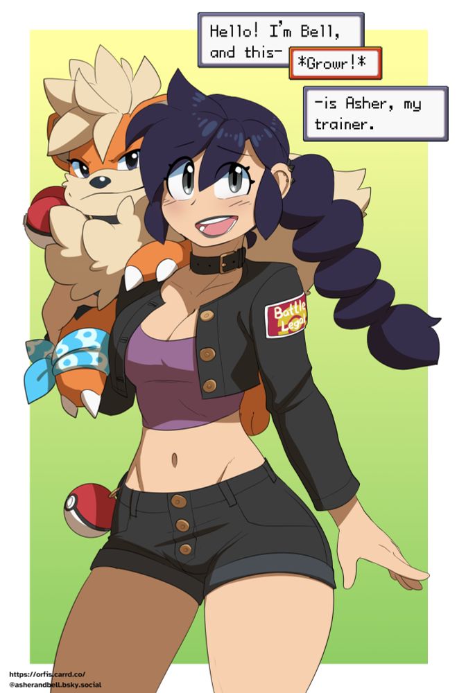 A black haired human woman with grey eyes, wearing a cropped black denim jacket and matching shorts, with a pokeball hooked onto a belt loop. she has a patch that says "battle legal". on her shoulder is a growlithe with two pokeballs attached to their collar, and a blue scarf on their right forepaw. The two of them are talking "Hello! I'm bell, and this-" "Growr!" "-is Asher, my trainer"