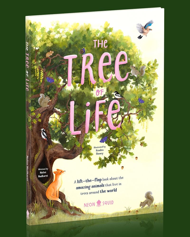 The book cover of The Tree of Life. It features pink text over tree branches and leaves. Some animals such as squirrels and birds are in the scene as well. The book cover is set against a dark green background. 