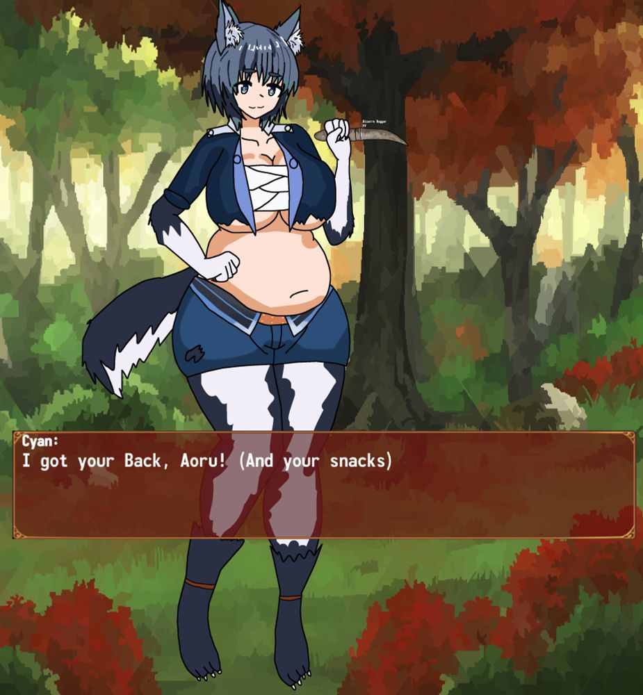 Cyan from the game From Frontier, but shes a chonky BBW. The text says
"I Got your Back, Aoru! (And your snacks.)