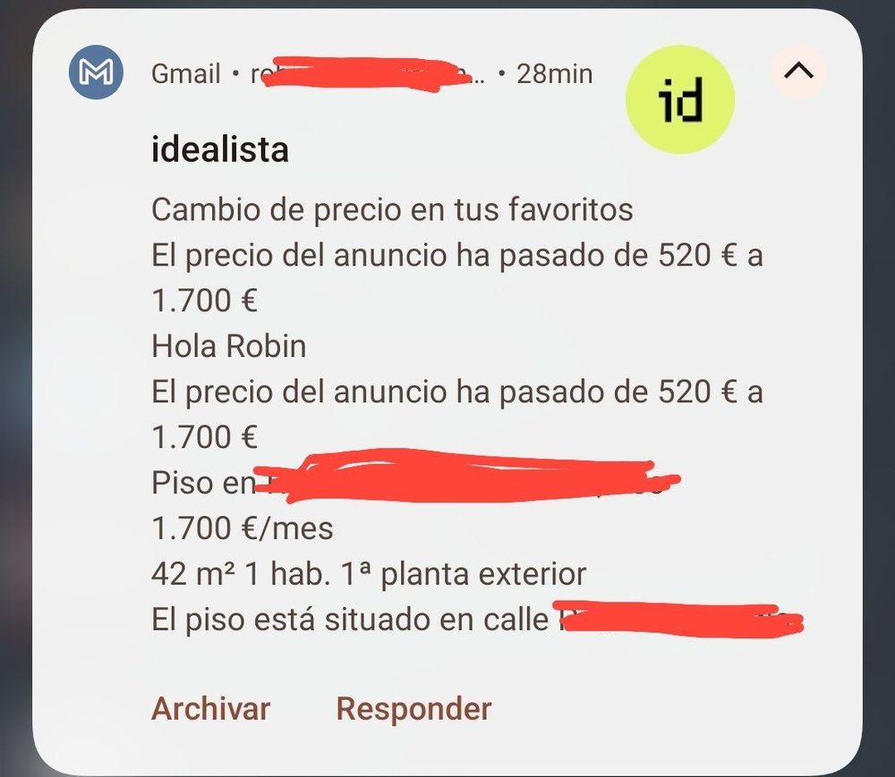 Anuncio por email en el que se indica que un piso que he estado mirando recientemente para alquilar ha subido de 520€ al mes a 1700€ al mes