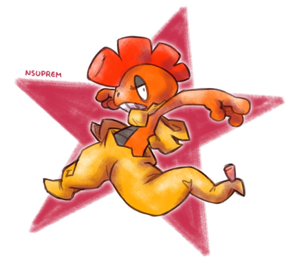 Drawing of the pokemon Scrafty. It is jumping in a fighting pose