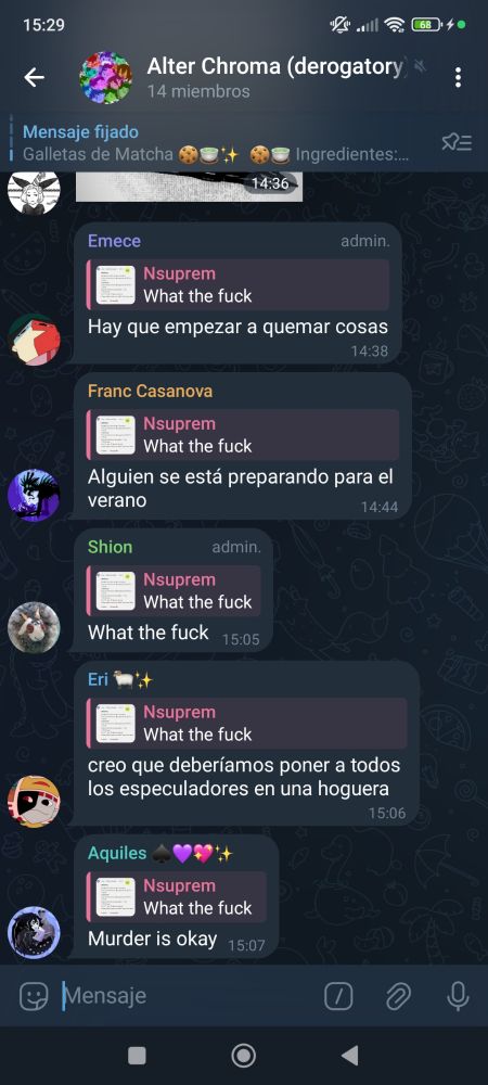 Grupo de texto amigos en el que mis amigos reaccionan a la captura anterior, empezando por un sticker de enfado que no se llega a ver en la captura, el resto se lee "hay que empezar a quemar cosas" "alguien se está preparando para el verano" "what the fuck" "creo que deberíamos poner a todos los especuladores en una hoguera" "murder is okay"