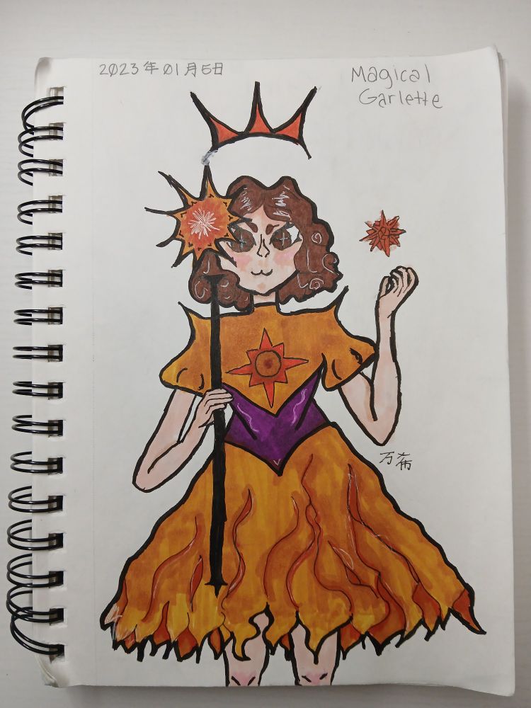 An orange and purple magical girl with sun motifs. She has curly brown hair and a cat-like expression.