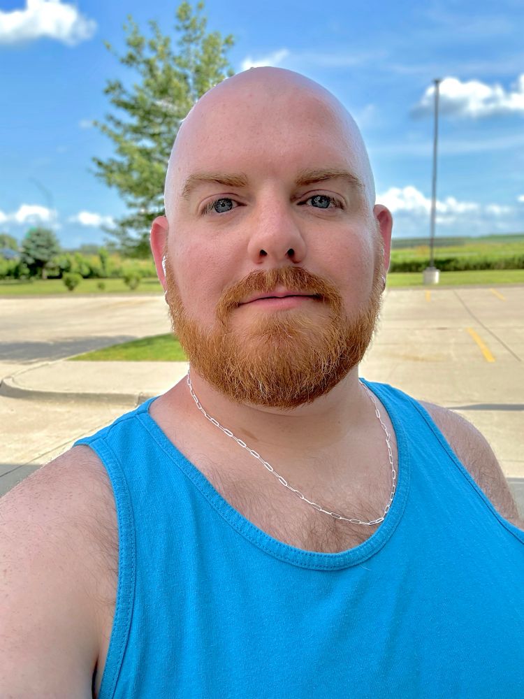 A bearded man with a shaved head and red beard hair is taking a selfie outdoors on a sunny day. He is wearing a bright blue tank top and a silver chain necklace. Behind him are green trees, and a wide expanse of open land under a blue sky with scattered clouds.