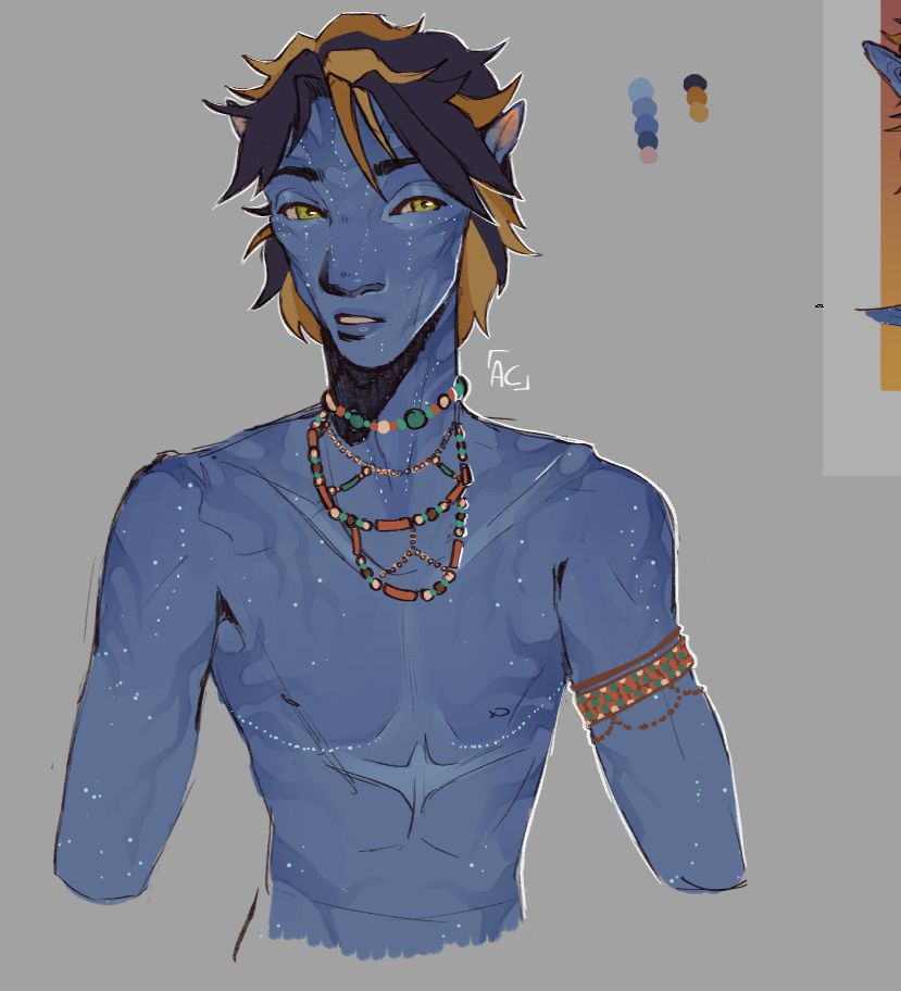 Half body of Zeph (blue na'vi from avatar) adorned in orange and teal jewelry, his bioluminescent dots depict ftm top surgery scars 