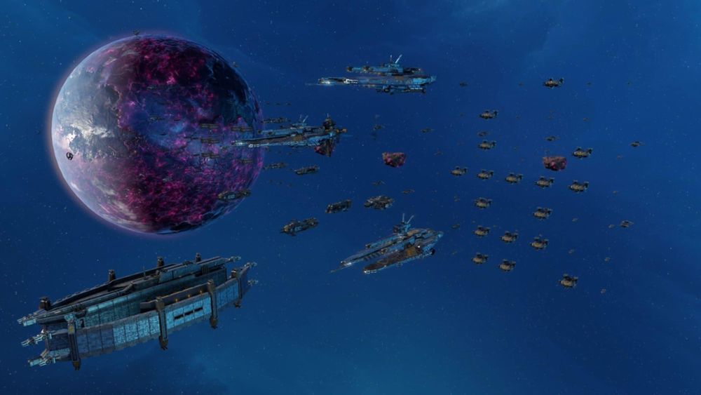 A bunch of spaceships all in formation and looking all menacing and shit in front of a planet made it crystal! It's rad as hell!