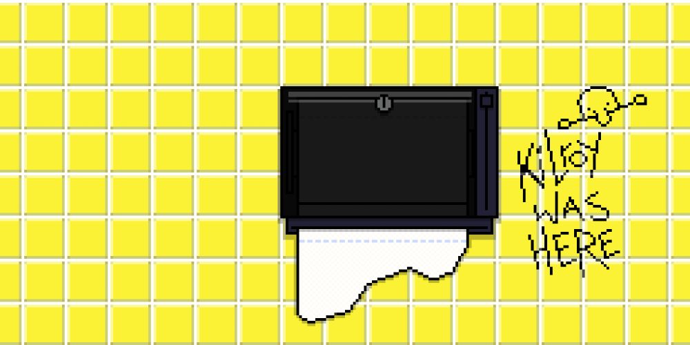 A pixelart image of a public restroom wall, with a paper towel dispenser and graffiti.