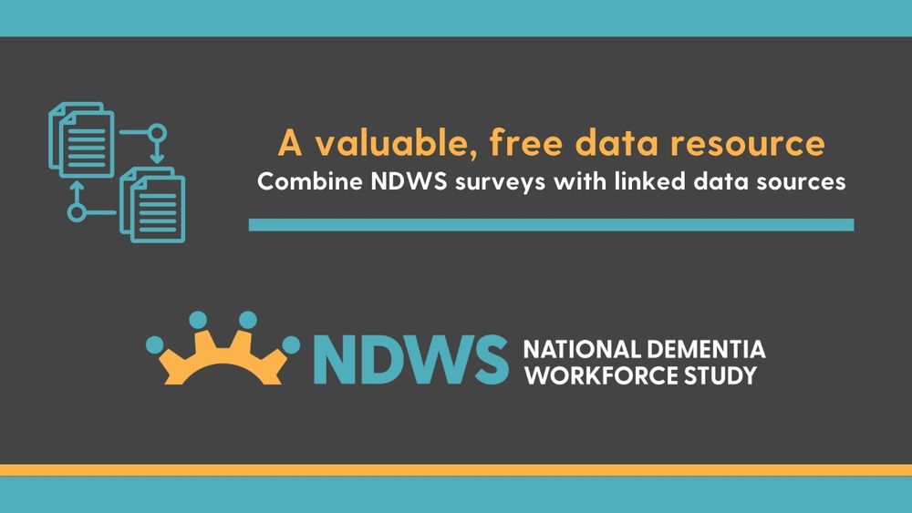 Icon that depicts data, the National Dementia Workforce Study logo, and text that says A valuable free, data resource, Combine NDWS surveys with linked data sources