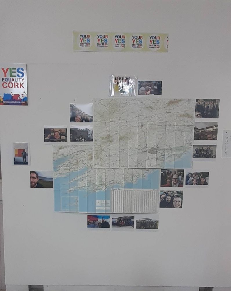 Map of County Cork surrounded by photographs of groups canvassing for Marriage Equality in 2015
