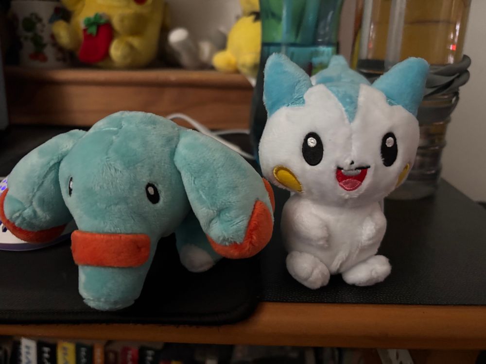 Pokémon Sitting Cuties plushies of Phanpy, a small blue elephant-like Pokémon, and Pachirisu, a squirrel-like Pokémon