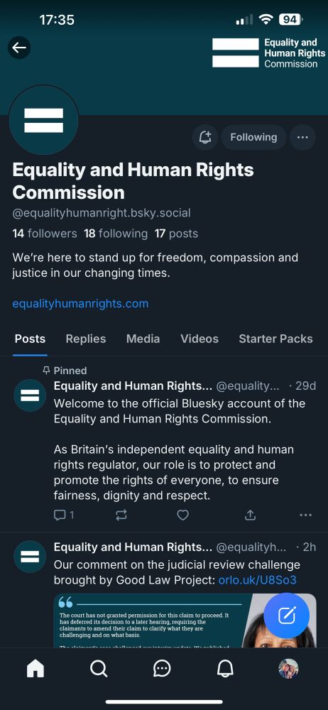 EHRC Bluesky account showing just 18 followers despite posting their first skeet 29 days ago.