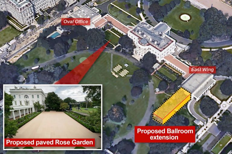 Luftaufnahme des Weißen Hauses mit der Lage der Ballroom-Erweiterung