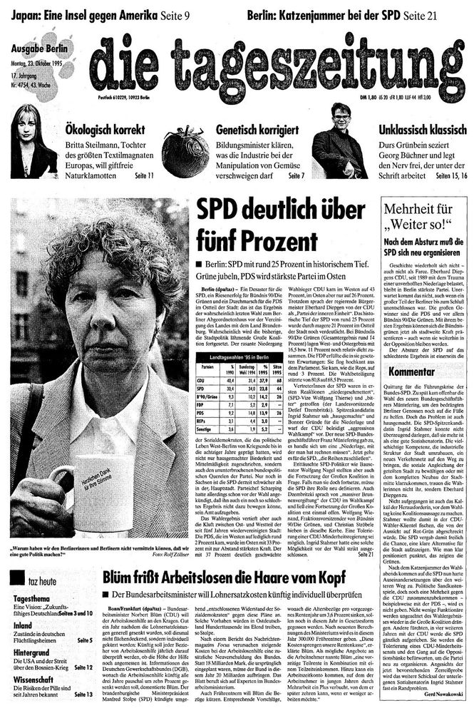 Alte TAZ von 1995 mit der Meldung „SPD deutlich über 5%“