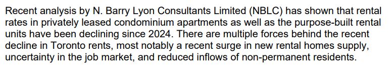 Recent analysis by N. Barry Lyon Consultants Limited (NBLC) has shown that rental rates in privately leased condominium apartments as well as the purpose-built rental units have been declining since 2024. There are multiple forces behind the recent decline in Toronto rents, most notably a recent surge in new rental homes supply, uncertainty in the job market, and reduced inflows of non-permanent residents. 