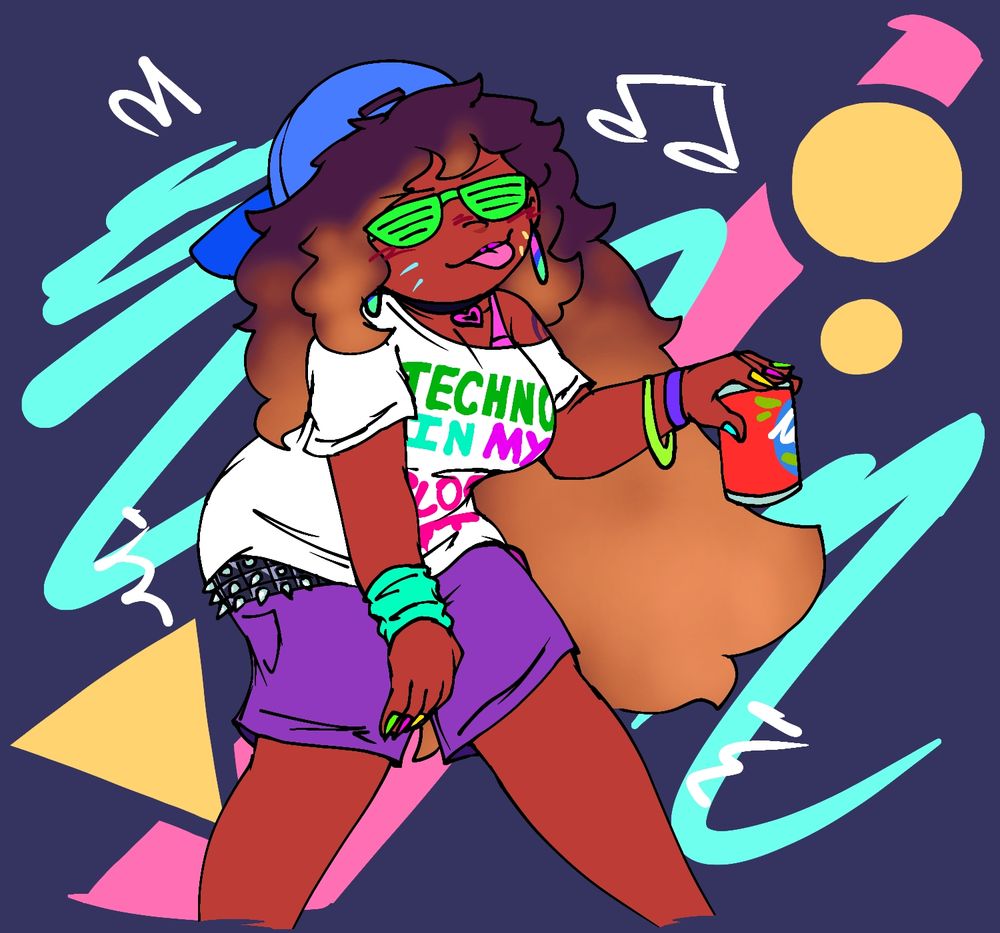 A black woman named Shawty is dressed in a fit inspired by the 2010s hardcore frat boy aesthetic. She dons a blue cap, green shutter shades, patterned earrings, a spike belt, purple khaki shorts, and a bright white shirt reading "TECHNO IN MY BLOOD." She wears many other additional accessories on her wrists as well while carrying an orange soda can. Her nails can be seen painted in vibrant colors. Shawty sticks her tongue out playfully while dancing around.