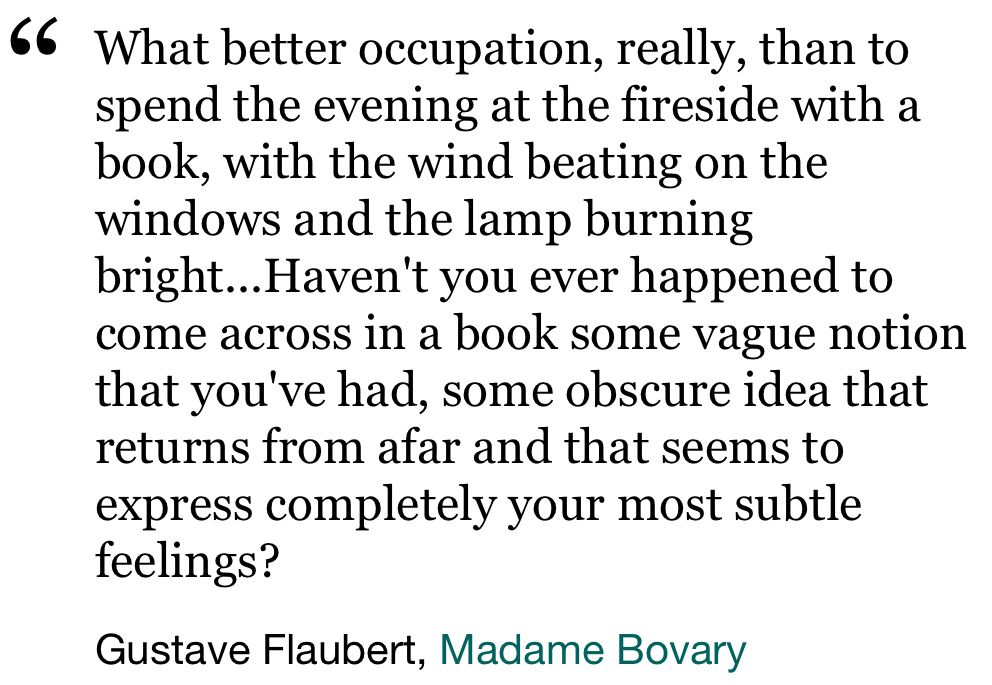 “What better occupation, really, than to spend the evening at the fireside with a book, with the wind beating on the windows and the lamp burning bright...Haven't you ever happened to come across in a book some vague notion that you've had, some obscure idea that returns from afar and that seems to express completely your most subtle feelings?”

Gustave Flaubert, Madame Bovary