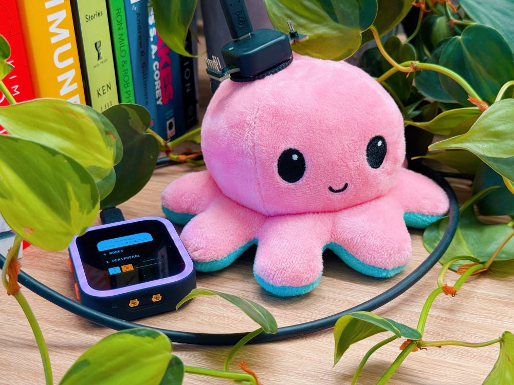 a pink stuffed octopus with a neural probe adapter on its head, connected over usb-c to a digital headstage

not pictured and hopefully deleted forever: giant neural recording cart
