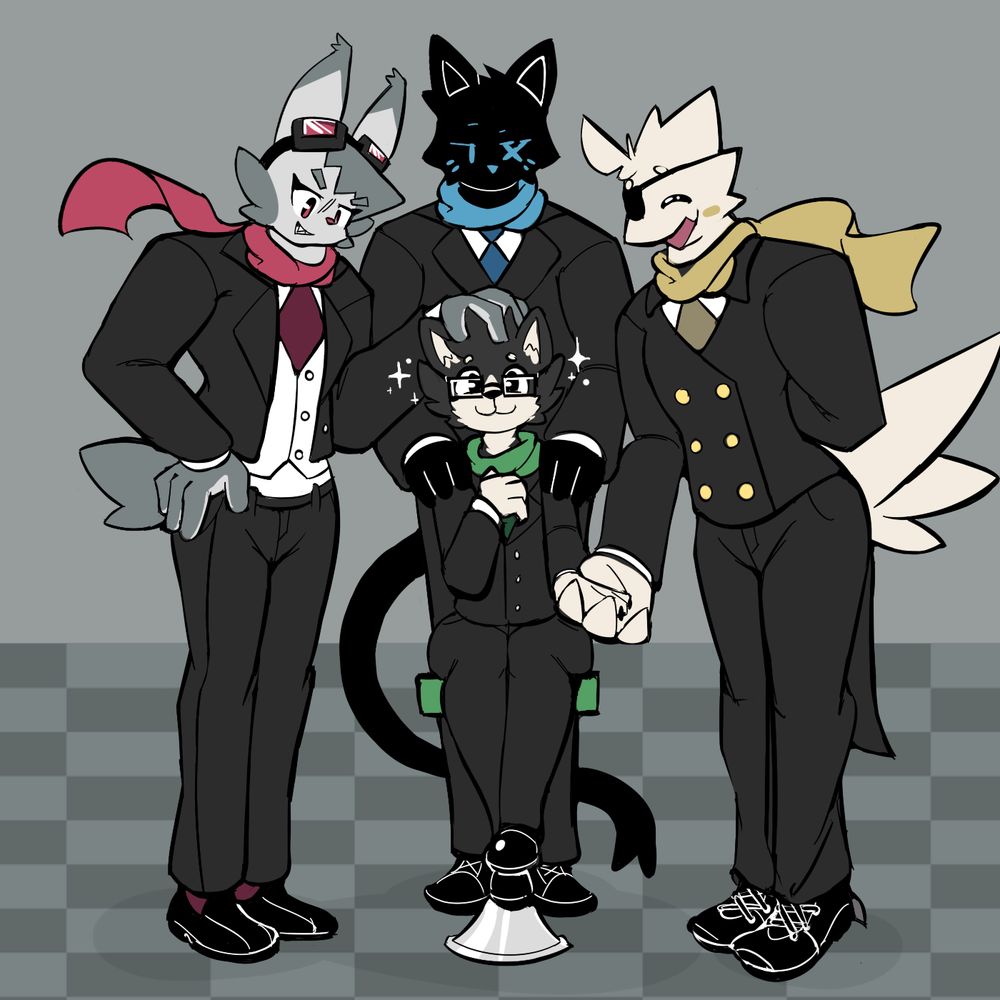 Gyero sitting on a stool surrounded by a rather muscular Karz, Ix, and Nouvelle in suits