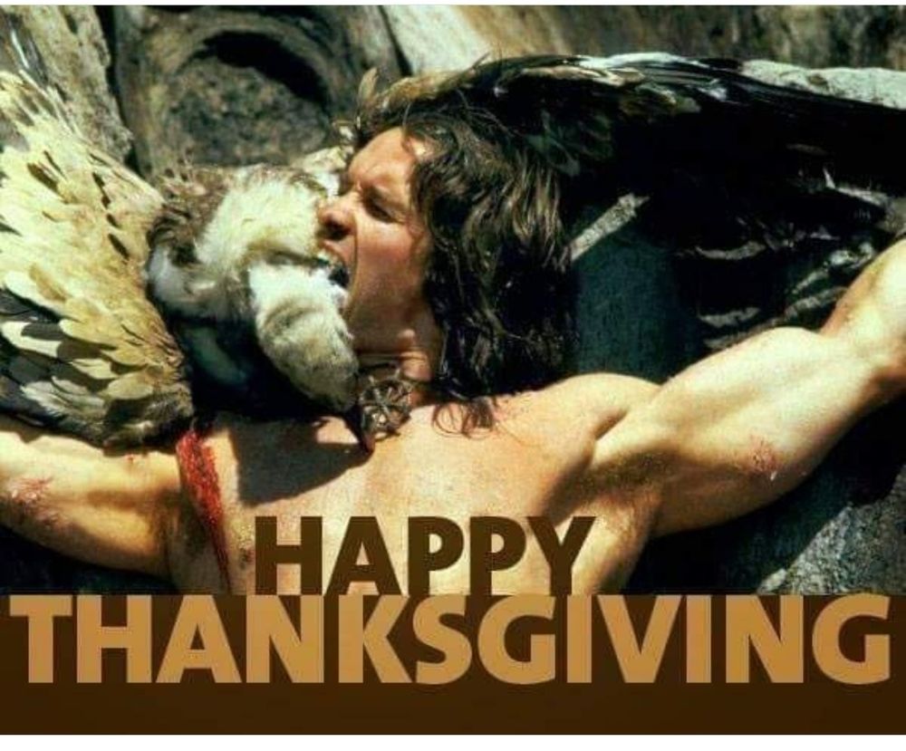 Conan the Barbarian on the Tree of Woe, biting a vulture in the neck