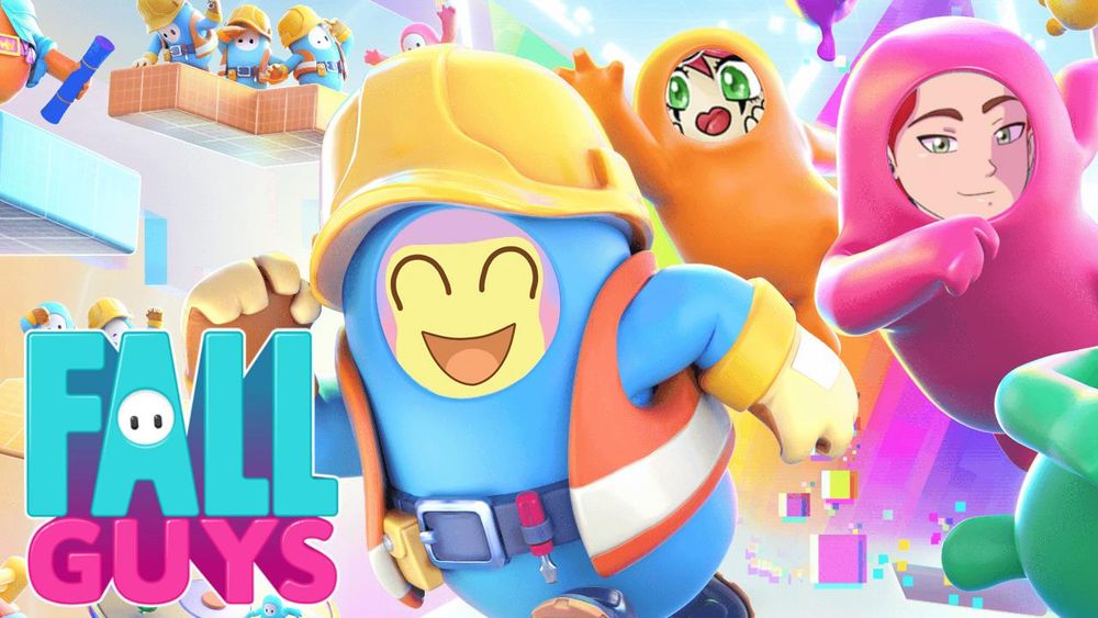 a graphic of imjamss, thedementedraven and oniteevee faces in fall guys bodies. imjamss is in a construction worker costume. thedementedraven is in an orange only costume and oniteevee is in a pink only costume. the background is a colourful fall guys level with the fall guys logo at the bottom left.