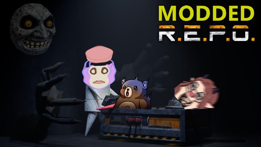 imjamss pushing jeff the bear (who represents jazzadelegames) and sweetdewsoju in a hovering cart in a dimly lit area. all three of them are showing scared expressions with jeff and soju looking at the left. there's big hands trying to grab imjamss and the zelda moon looks over at the top left. on the top right in mustard text it says 'modded' then just below that is the repo logo.