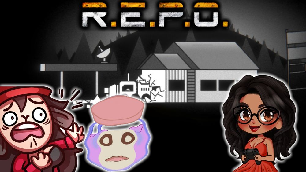 a demon with a hat and red coat, and a pink jar of jam showing fear to the gas station behind them on the left. on the right is a woman in a dress with a controller looking happy on the right. at the top is the repo logo.