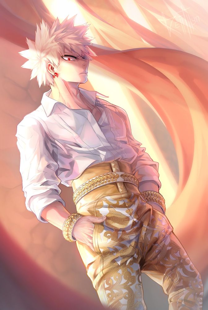 Artsy of Katsuki from the fantasy AU wearing a long sleeved white shirt and fancy pants with golden and white details. He's standing tall with hands on the pockets, looking at the camera with a defiance expression.