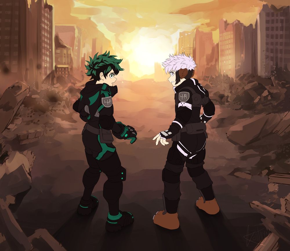 Artsy of Deku and Tyson, a Boku no Hero OC, with their backs to the viewer, peeking through the top of their shoulders with a shocked expression. Around them lies many debrils and destroyed urban enviroment painted by warm colors of a sunset.