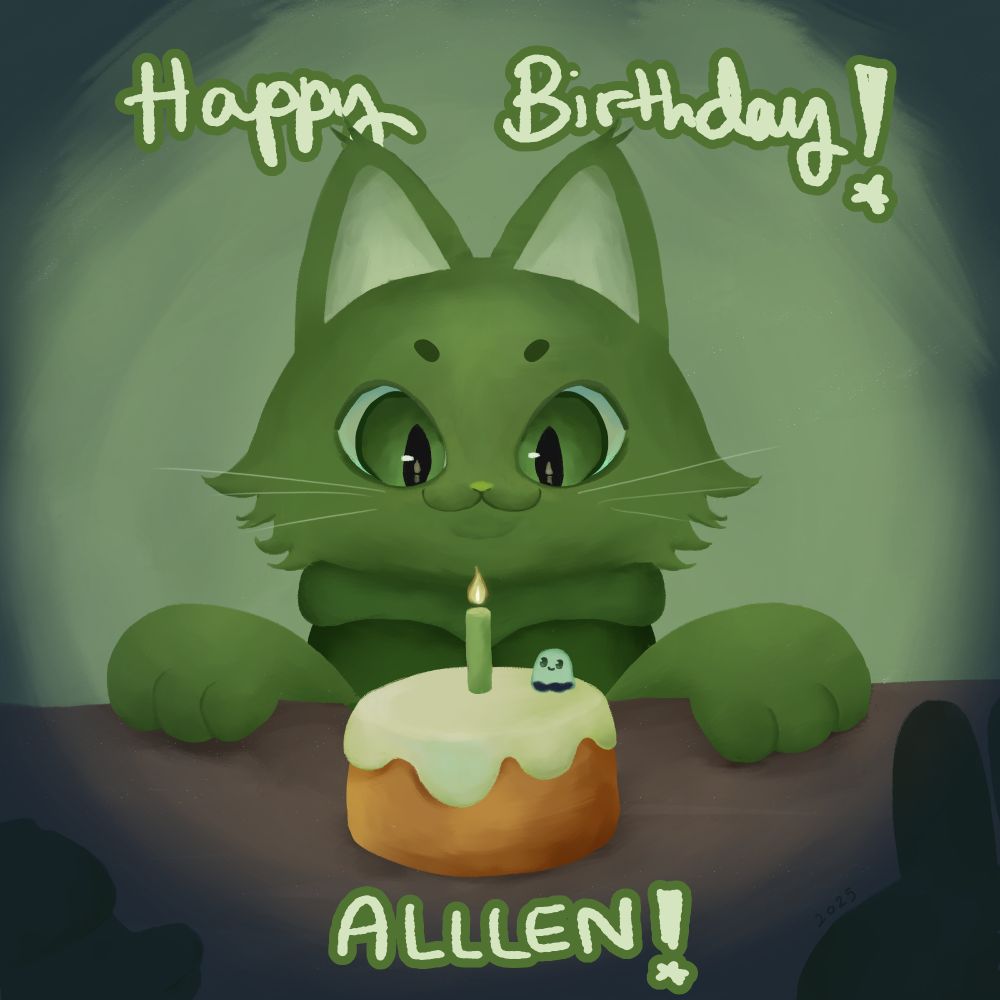 a cool green cat looking at a cake with a lit candle